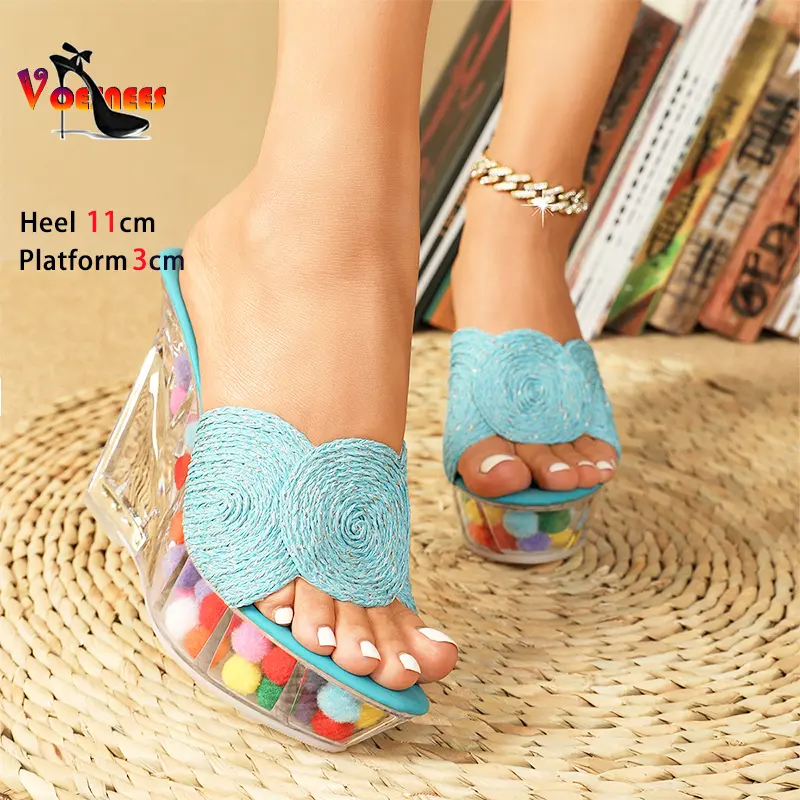 11CM Thick Sole Sandals 2025 New Summer Wedges High Heels Crystal Transparent Platform Women Slippers Fashion Model Show Shoes