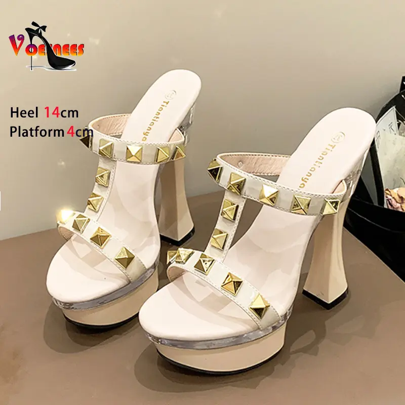 Fashion Rivet Slippers 14CM 17CM Black Slip-on High Heels Women Platform Nightclub Summer Shoes For Ladies Roman Style Sandals