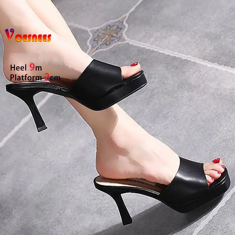 Sexy Black High Heels 9cm Platform 2cm Women's Shoes Slippers Thin Heels Square Head Ladies Pumps Peep Toes Stiletto Patry Shoes