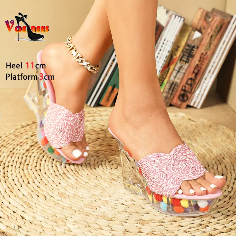 11CM Thick Sole Sandals 2025 New Summer Wedges High Heels Crystal Transparent Platform Women Slippers Fashion Model Show Shoes