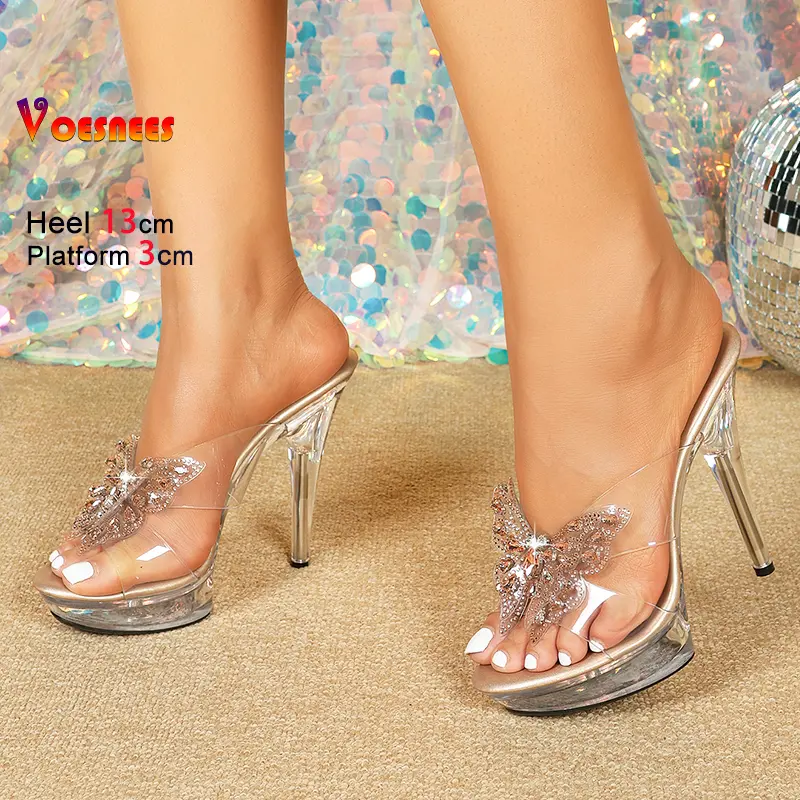Summer New Blingbling Rhinestone Party Banquet High Heel Slippers Women Sexy Transparent Platform Shoes Butterfly-Knot Sandals