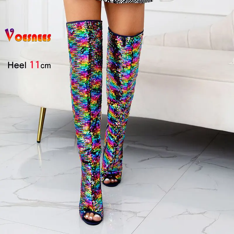 Sexy Thigh High Boots 11CM High Heels Nightclub Peep Toe Gladiator Women Shoes Over the knee Sequin Female Long Boots Size 36-43