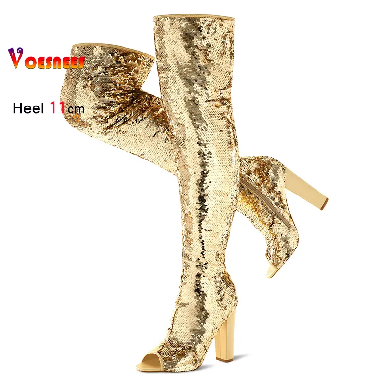 Sexy Thigh High Boots 11CM High Heels Nightclub Peep Toe Gladiator Women Shoes Over the knee Sequin Female Long Boots Size 36-43