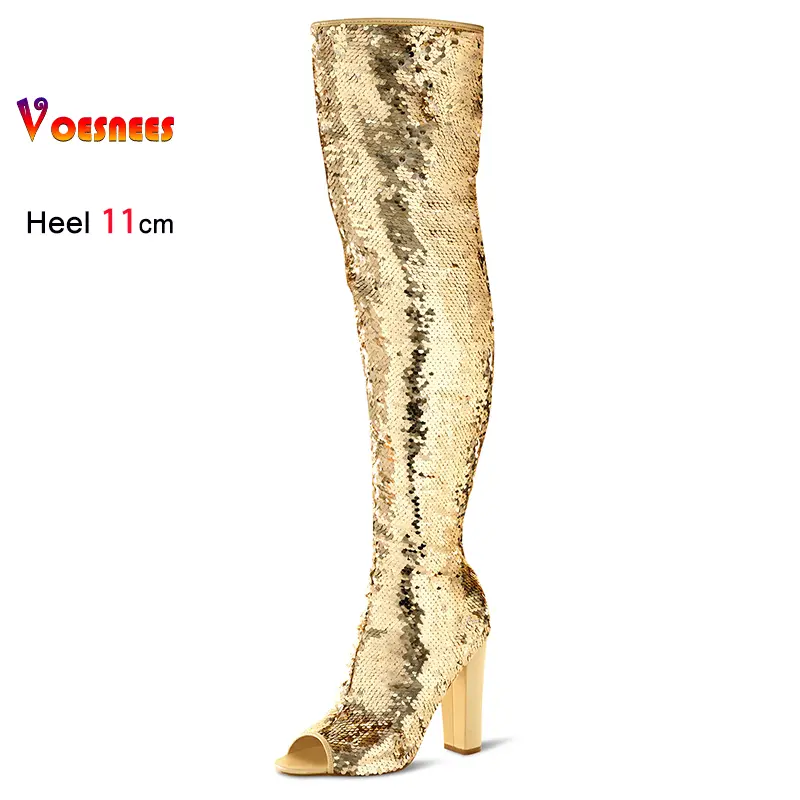 Sexy Thigh High Boots 11CM High Heels Nightclub Peep Toe Gladiator Women Shoes Over the knee Sequin Female Long Boots Size 36-43
