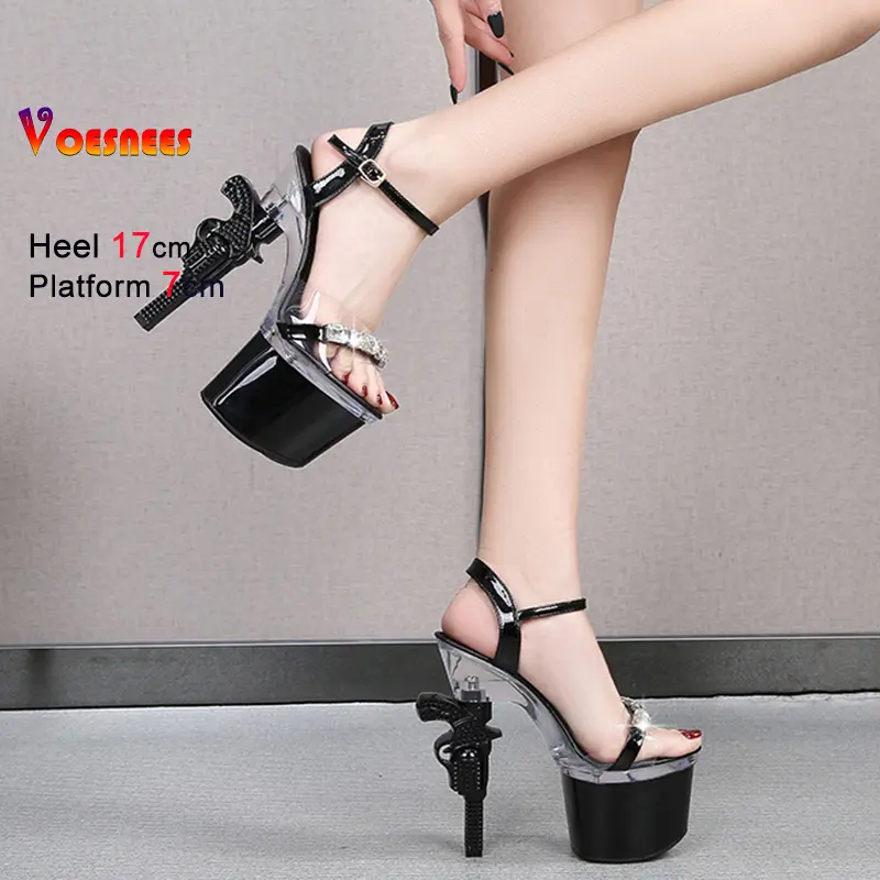 Summer Fashion Women's High Heel Sandals 17cm Open-Toe Crystal Buckle Thick Heel Platform High-heeled Shoes Woman Dress Pumps