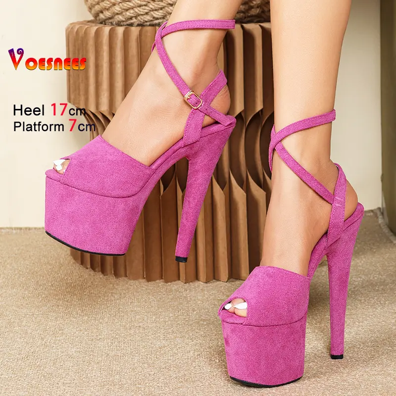 Female Shoes Red Faux Suede Summer Ankle Strap 7CM Platform 17CM High Heel Sandals For Women Nightclub Pole Dance Stripper Heels