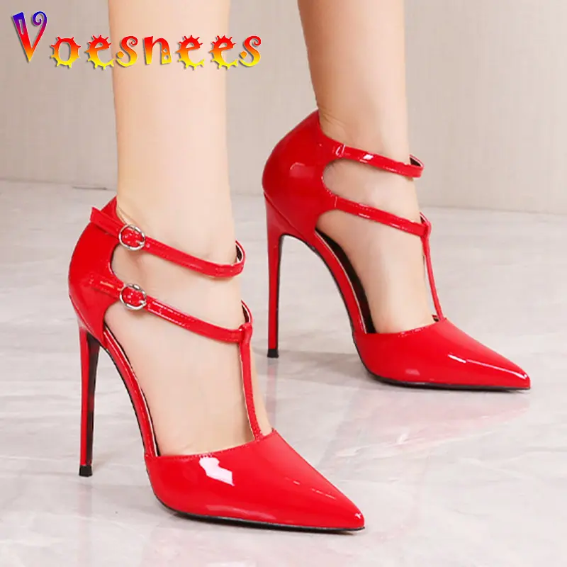 European And American New Pointed Head Women Pumps Fashion Buckle Strap Runway Shoes 12CM Hollow Out Shallow Mouth High Heels
