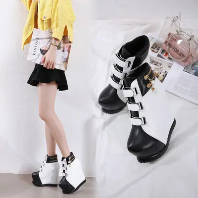 2019 New Winter Muffin Bottom Short Tube Boots Thick Bottom Heightening Wedges Heels Women's Shoes Slope Heel Plush Boots