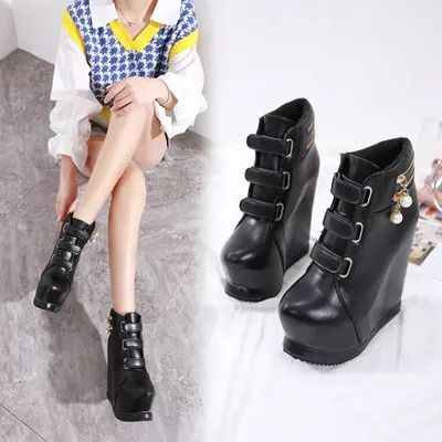 2019 New Winter Muffin Bottom Short Tube Boots Thick Bottom Heightening Wedges Heels Women's Shoes Slope Heel Plush Boots