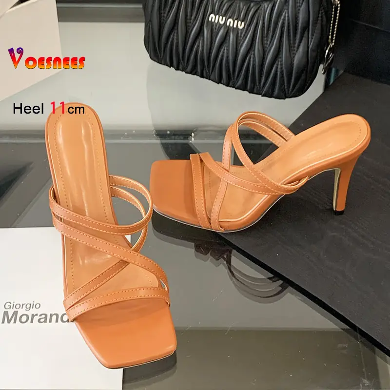 Women Cross Strap Sexy Slippers 11CM Thin High Heels Narrowband Slide Outdoors Sandals Slip-on Square Toe Woman Shoes For Summer