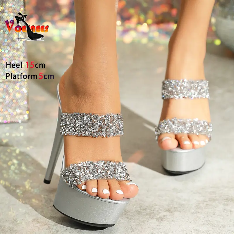 Shiny Sequined High Heels 15CM/6Inch Summer Thin Heel Ladies Slippers Nightclub Stage Shoes Women Fetish Thick Platform Sandals