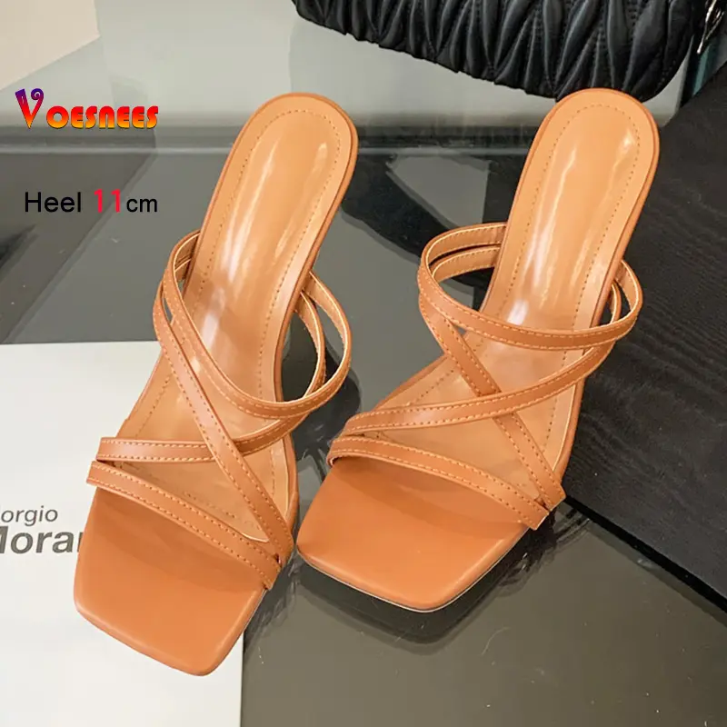 Women Cross Strap Sexy Slippers 11CM Thin High Heels Narrowband Slide Outdoors Sandals Slip-on Square Toe Woman Shoes For Summer