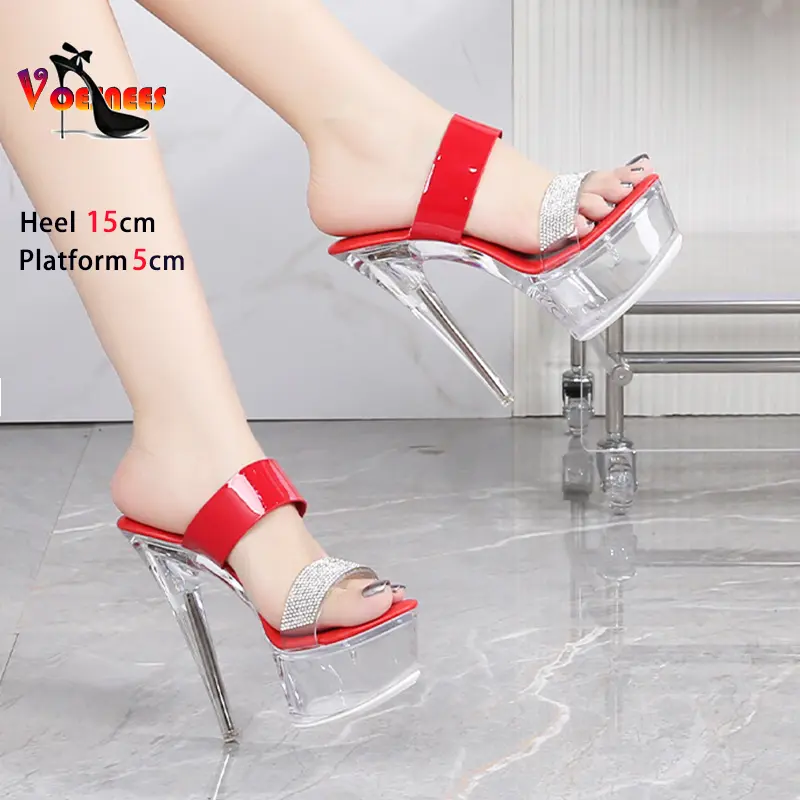 Summer Round Toe Slippers Women's High Heels 5CM Platform 15CM Transparent Crystal Sandals Europe And America Rhinestone Shoes