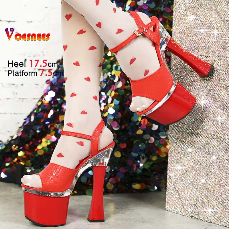 17.5CM Thick High Heels 2025 New Summer Buckle Strap Women Shoes Red Platform Nightclub Dance Shoes T Show Sandals Zapatos Mujer