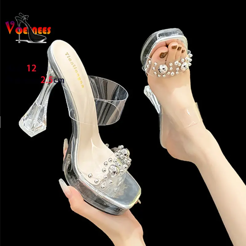 Women Square Toe Summer Sandals Designer 2025 New Fashion Pearl Party Shoes Transparent PVC Ladies Slippers  Clear High Heels