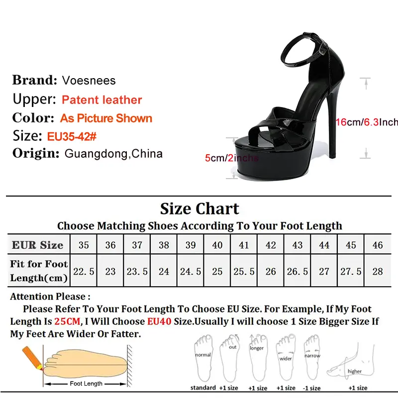 16CM Sandals Women's Europe and America Super High heels 5CM Platform Summer Stage Show Shoes Ankle Buckle Strap Black Sandals