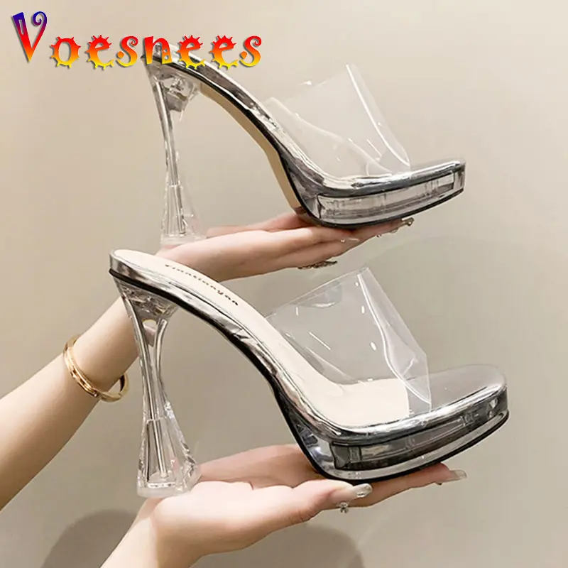 Ladies Transparent Slippers Sexy PVC High Heeled Pumps Women Platform 13CM Hoof Heels Sandals Square Toe Perspex Crystal Shoes