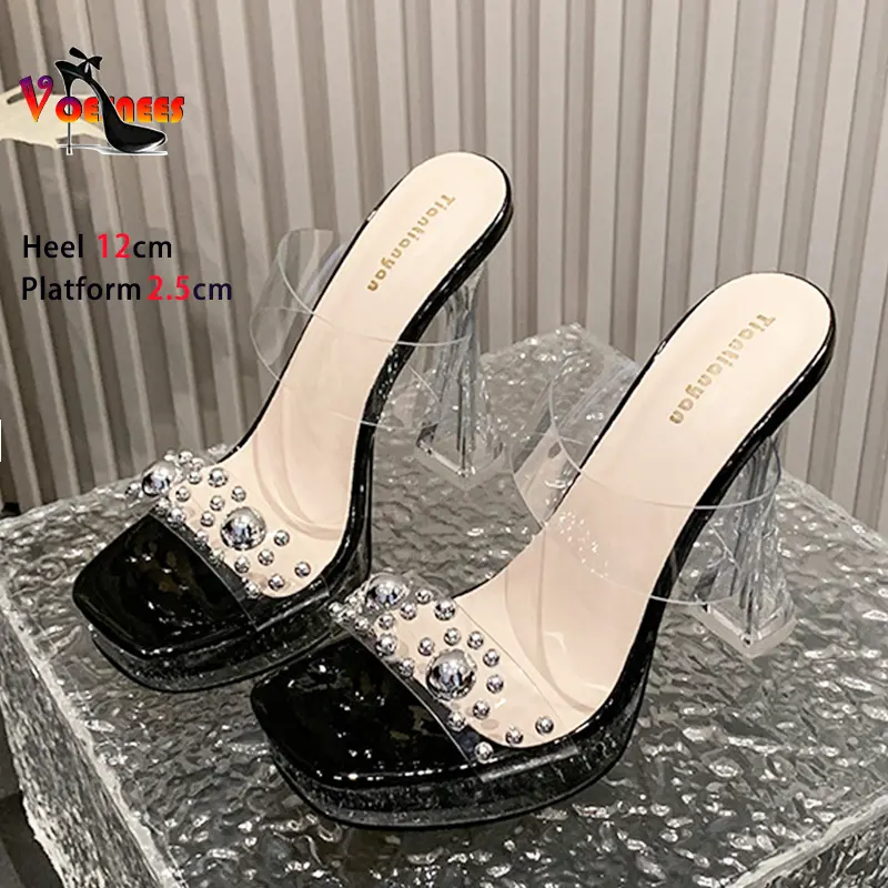 Women Square Toe Summer Sandals Designer 2025 New Fashion Pearl Party Shoes Transparent PVC Ladies Slippers  Clear High Heels