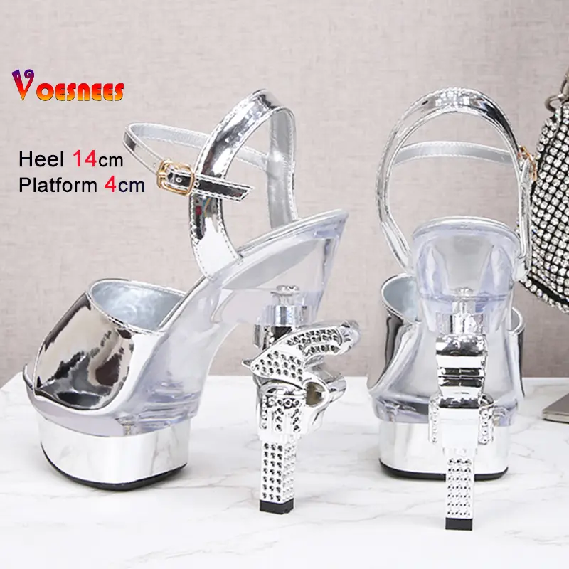 Summer New Sexy Diamonds Transparent Sandals Silvery Heel High 14cm Pistol Shoes for Women Party Club Shoes Platform Stiletto
