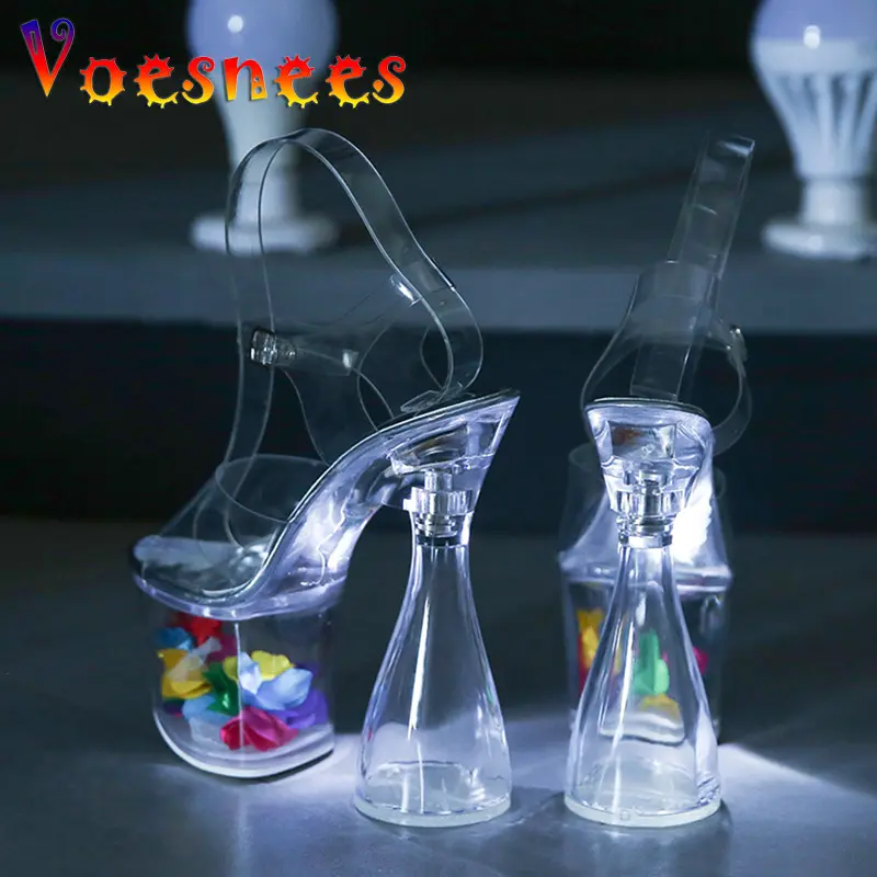 Light Up Glowing Shoes Woman LED Luminous Clear Sandals Summer Petal Platform High Heel Transparent Club Party Round Heels Shoes