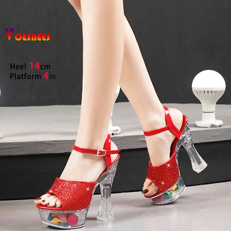 Nightclub LED Glowing 14CM High Heels Light Up Catwalk Woman Sandals Pole Dance Shoes Crystal Platform Square Heel Wedding Shoes