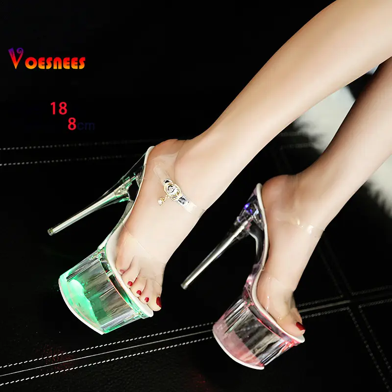 18CM Thin Heel Summer Transparent Shoes For Women Glowing Platform Model Catwalk Show LED Light-up Sandals Sexy Pole Dance Heels