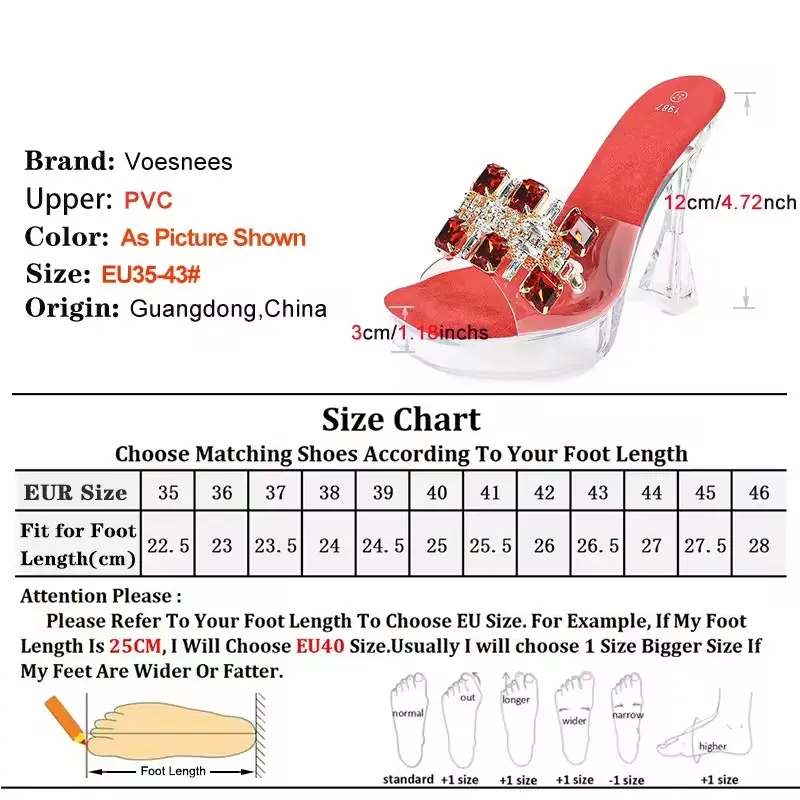 12CM Summer High Heels Woman Luxury Rhinestone Square Toe Slippers 2025 New Women Fashion Slip-on Transparent PVC Party Sandals