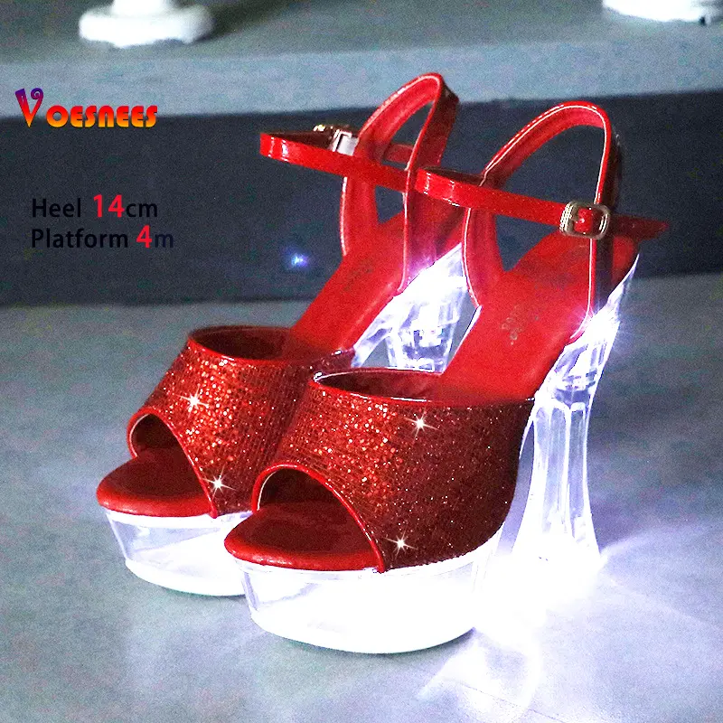 Nightclub LED Glowing 14CM High Heels Light Up Catwalk Woman Sandals Pole Dance Shoes Crystal Platform Square Heel Wedding Shoes