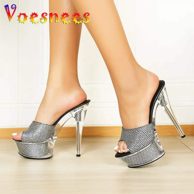 New Women Slippers 15CM Party High Heels Pumps 2025 Sexy Stiletto Transparent Platform Sandals Street Style Summer Female Shoes