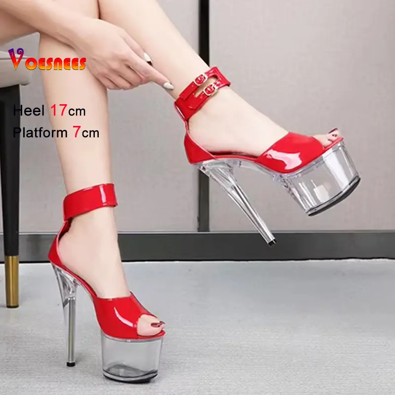 2025 Summer Women's Thick Bottom Platform Sandals Gladiator High Heels Thin Heel Cover Pole Dance Stripper Red Shoes Plus Size