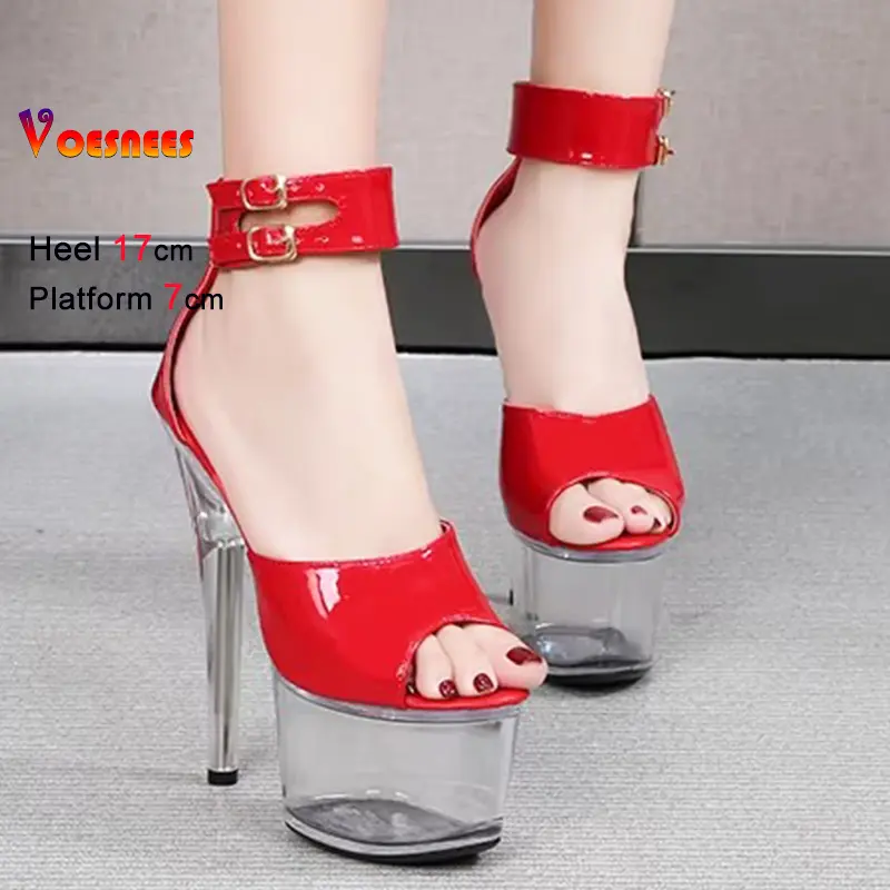 2025 Summer Women's Thick Bottom Platform Sandals Gladiator High Heels Thin Heel Cover Pole Dance Stripper Red Shoes Plus Size