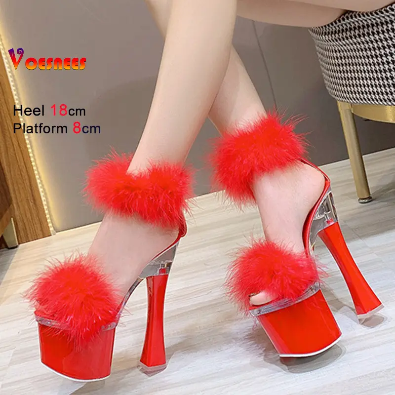 2025 Summer Fashion Fur Women Sandals Peep Toe High Heel 18CM Shoes Elegant Platform Female Red Thick Heel Party Shoes Sandals