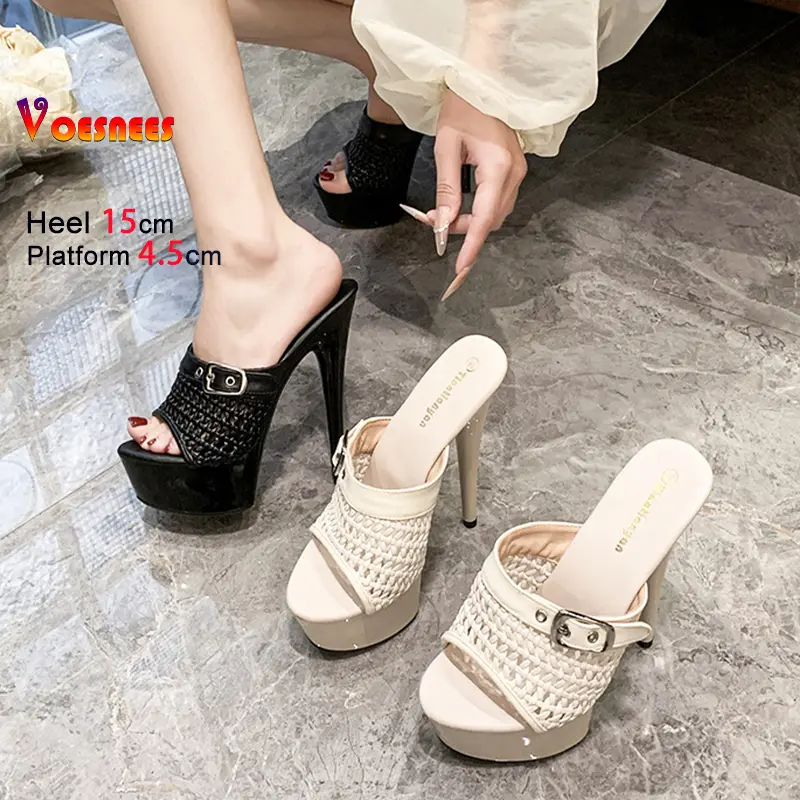 15CM Ultra high heel Breathable Hollow Out Summer Shoes Women's Stiletto Slippers Roman Style Non-Slip Platform Fashion Sandals