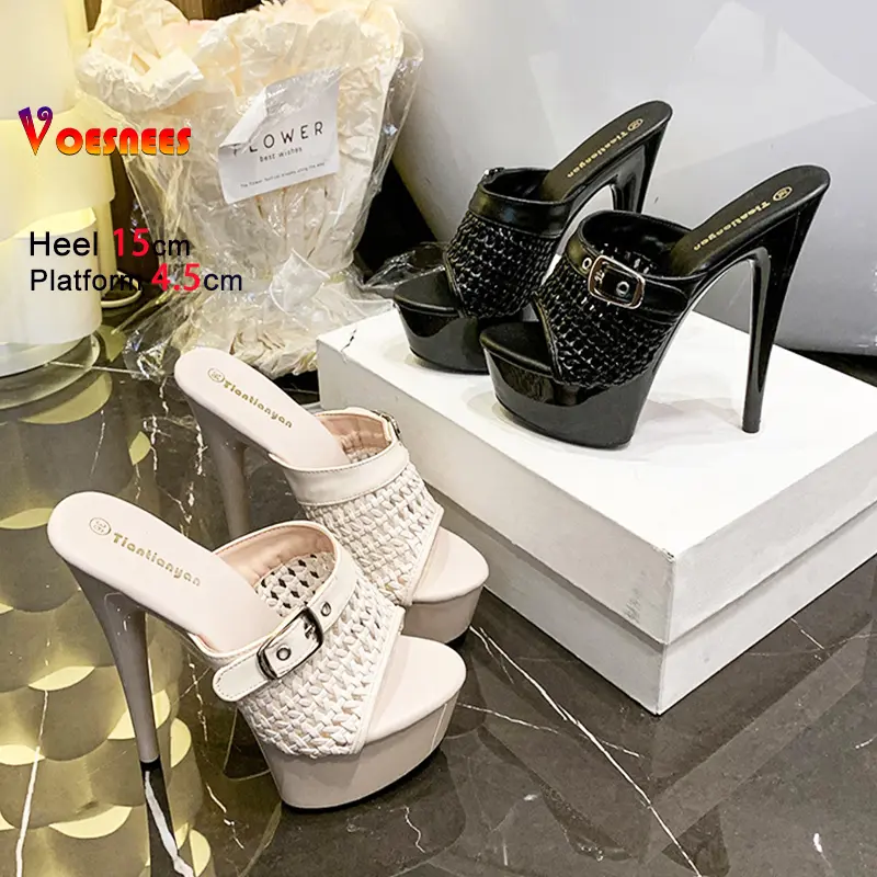 15CM Ultra high heel Breathable Hollow Out Summer Shoes Women's Stiletto Slippers Roman Style Non-Slip Platform Fashion Sandals