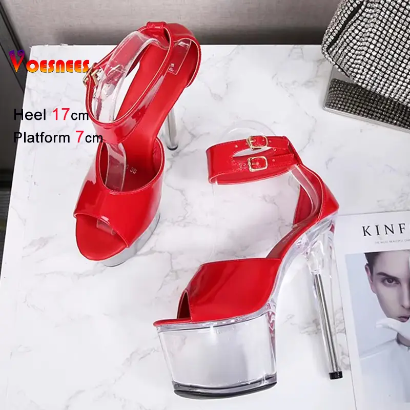 2025 Summer Women's Thick Bottom Platform Sandals Gladiator High Heels Thin Heel Cover Pole Dance Stripper Red Shoes Plus Size