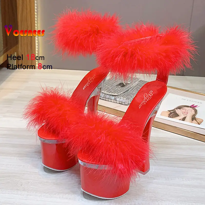 2025 Summer Fashion Fur Women Sandals Peep Toe High Heel 18CM Shoes Elegant Platform Female Red Thick Heel Party Shoes Sandals