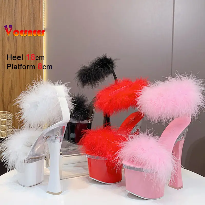 2025 Summer Fashion Fur Women Sandals Peep Toe High Heel 18CM Shoes Elegant Platform Female Red Thick Heel Party Shoes Sandals