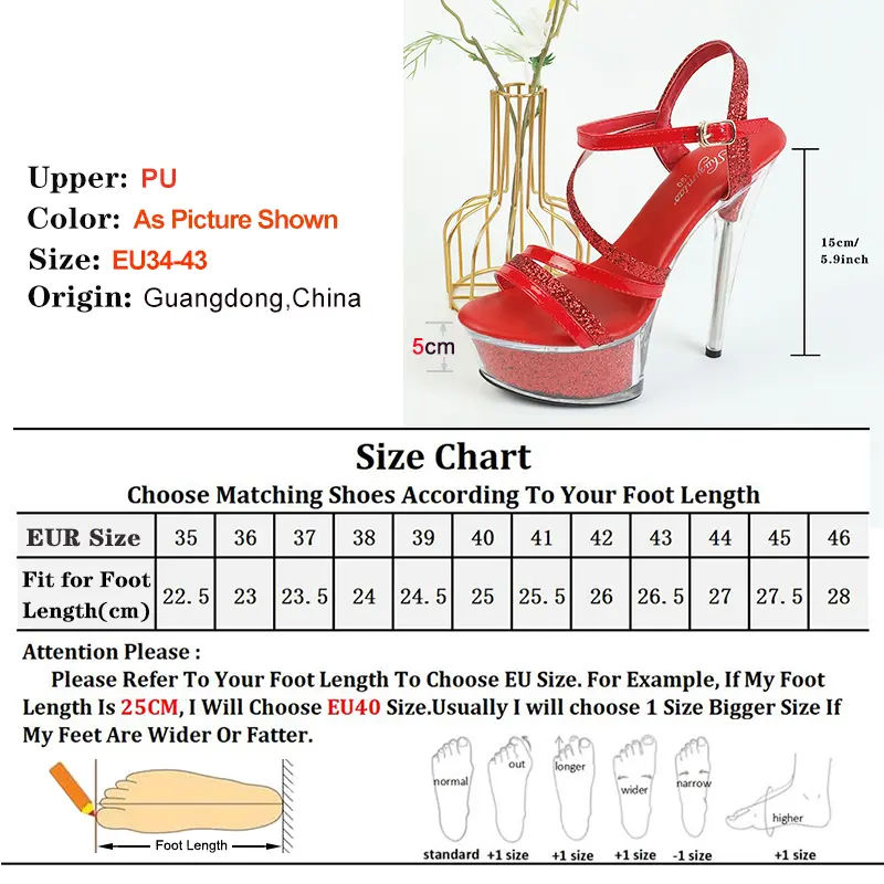Summer Sexy High Heels Crystal Platform Women's Sandals 15CM Thin Band Stage Model Nightclub Pole Dancing Red Sequin Shoes