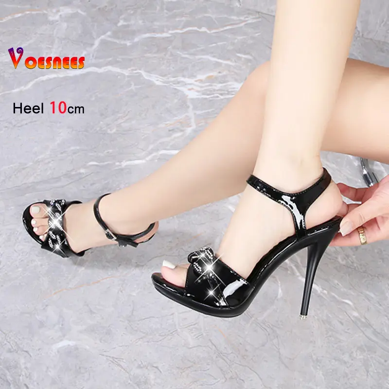 New Buckle Strap Summer 10CM Thin Heel Luxury Sandals Women Office Shoes Designer Chain Decoration Rhinestone Black High Heels