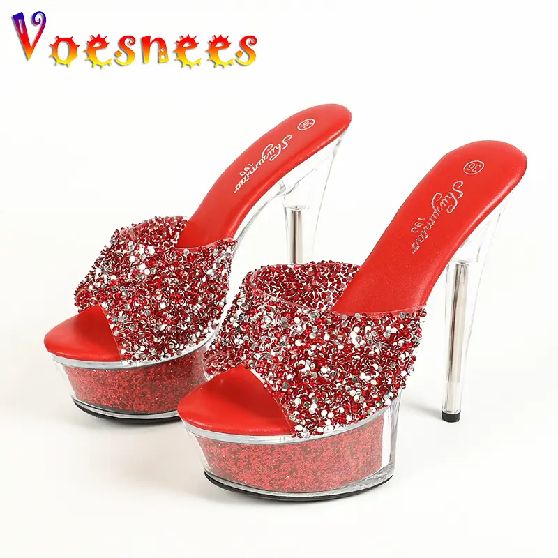 Summer Women Shoes 6Inch Transparent Crystal Slides Nightclub Platform High Heels Fashion Sequined Sandals 15cm Heel Slippers