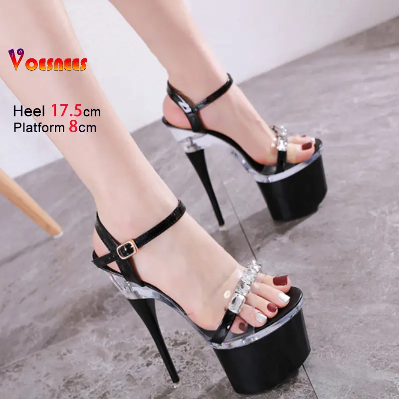 Transparent PVC Black 17.5CM Platform Sandals For Women Luxury Rhinestones Summer Party Banquet Shoes Pole Dance Stiletto Heels