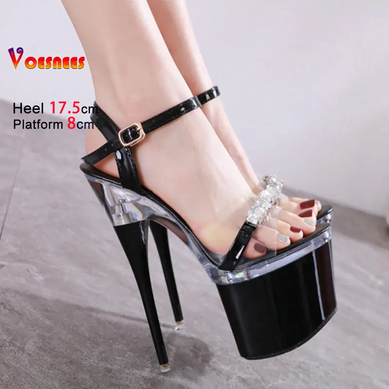 Transparent PVC Black 17.5CM Platform Sandals For Women Luxury Rhinestones Summer Party Banquet Shoes Pole Dance Stiletto Heels