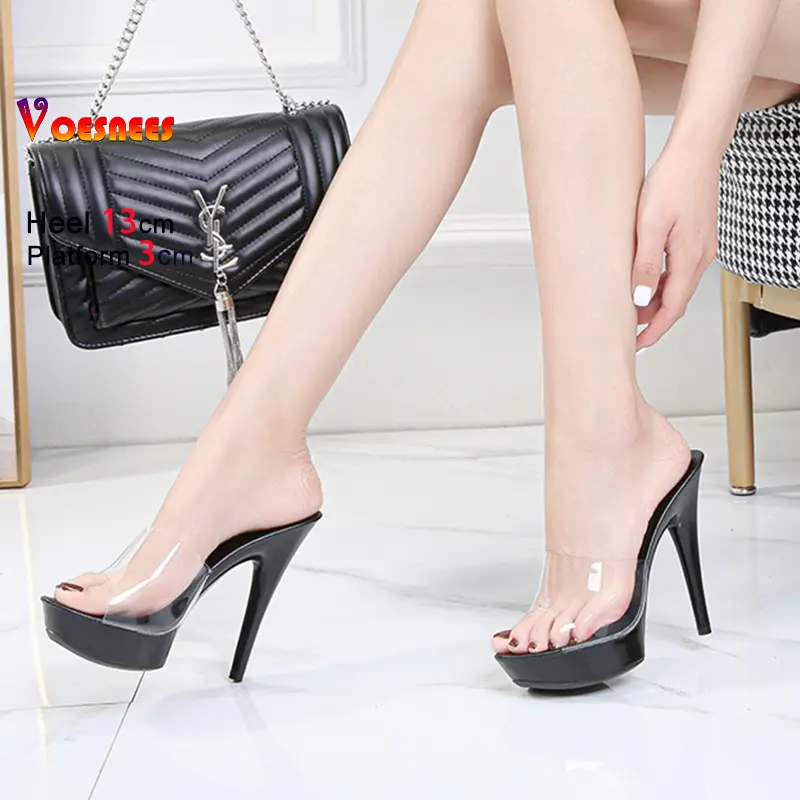 Summer Women Transparent Shoes Thick Platform Sandals 13CM Thin High Heels Fashion PVC Jelly Slip-on Sexy Slippers For Ladies
