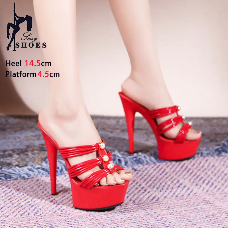 14.5CM Thin Heel Slippers Model T-show Sexy Slides Sandals Pearl Rivet Summer Party High Heels Nightclub Platform Women Shoes