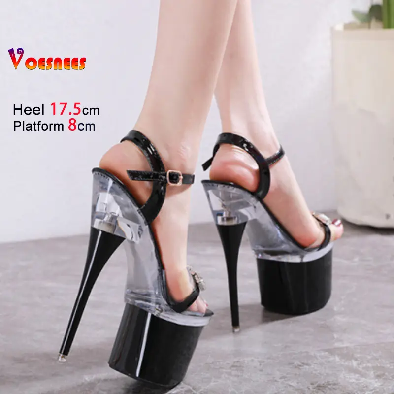 Transparent PVC Black 17.5CM Platform Sandals For Women Luxury Rhinestones Summer Party Banquet Shoes Pole Dance Stiletto Heels