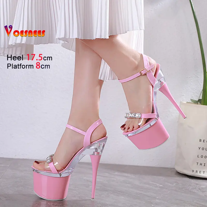 Transparent PVC Black 17.5CM Platform Sandals For Women Luxury Rhinestones Summer Party Banquet Shoes Pole Dance Stiletto Heels
