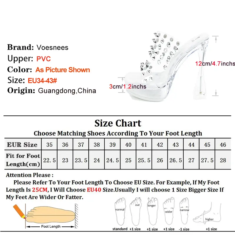 Summer Women Clear Shoes Thick Platform High Heels Mules 12CM Fashion Rivet Square Toe Sandals Perspex Transparent Slippers 43