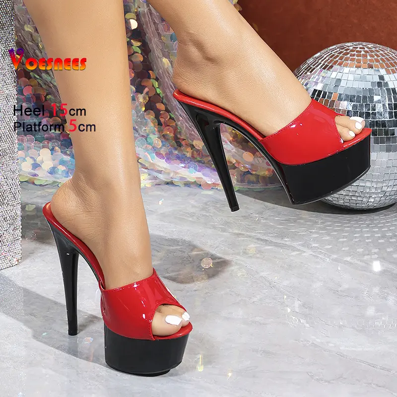 Super High Heels Women Mixed Color Platform Mules 15CM Stiletto Shoes Summer Model Show Sandals Plus Size Summer Party Slippers