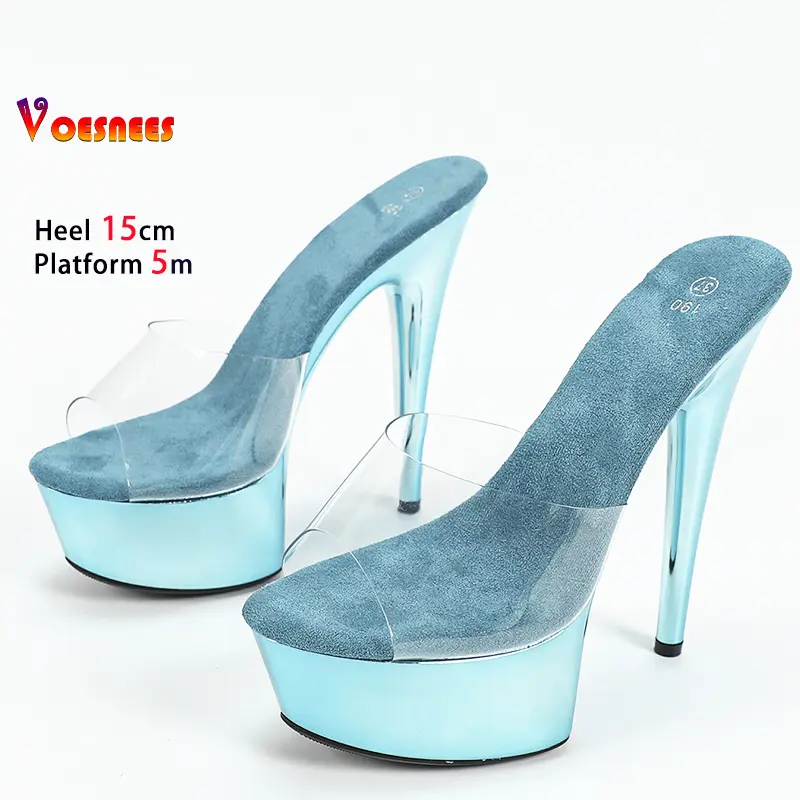 Peacock Blue 15cm Women's Slippers Shine Plating Heel Platform Sandals Sexy Exotic Model Pole Dancing Shoes Strip Party Heels