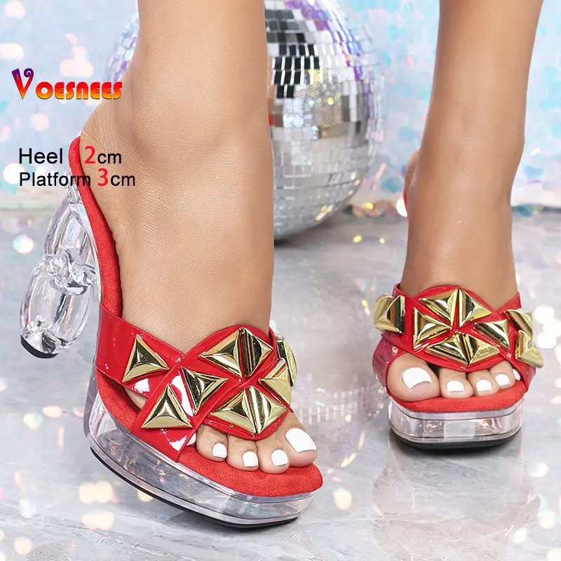 Transparent Crystal Heels Mules Thick Platform Square Toe Women Shoes Summer Strange Style 12CM Fashion Slip-On Sandals Slippers